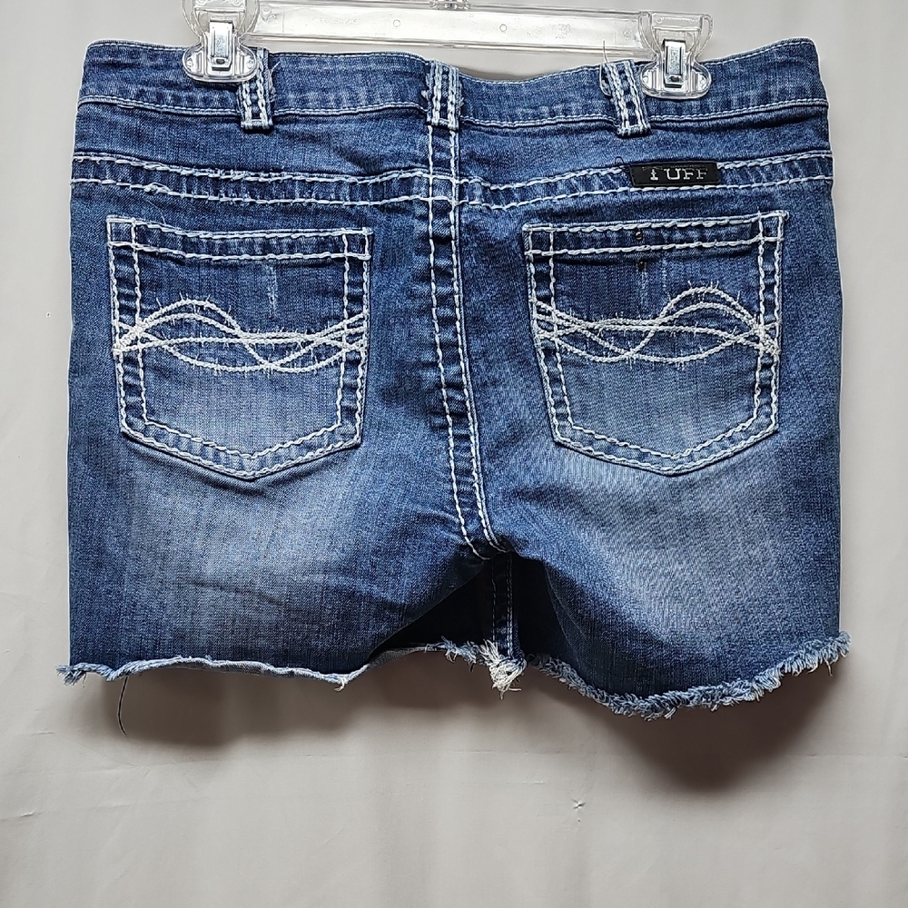 Cowgirl Tuff Blue Denim Cutoff Shorts with Frayed Hem and Contrast Stitching